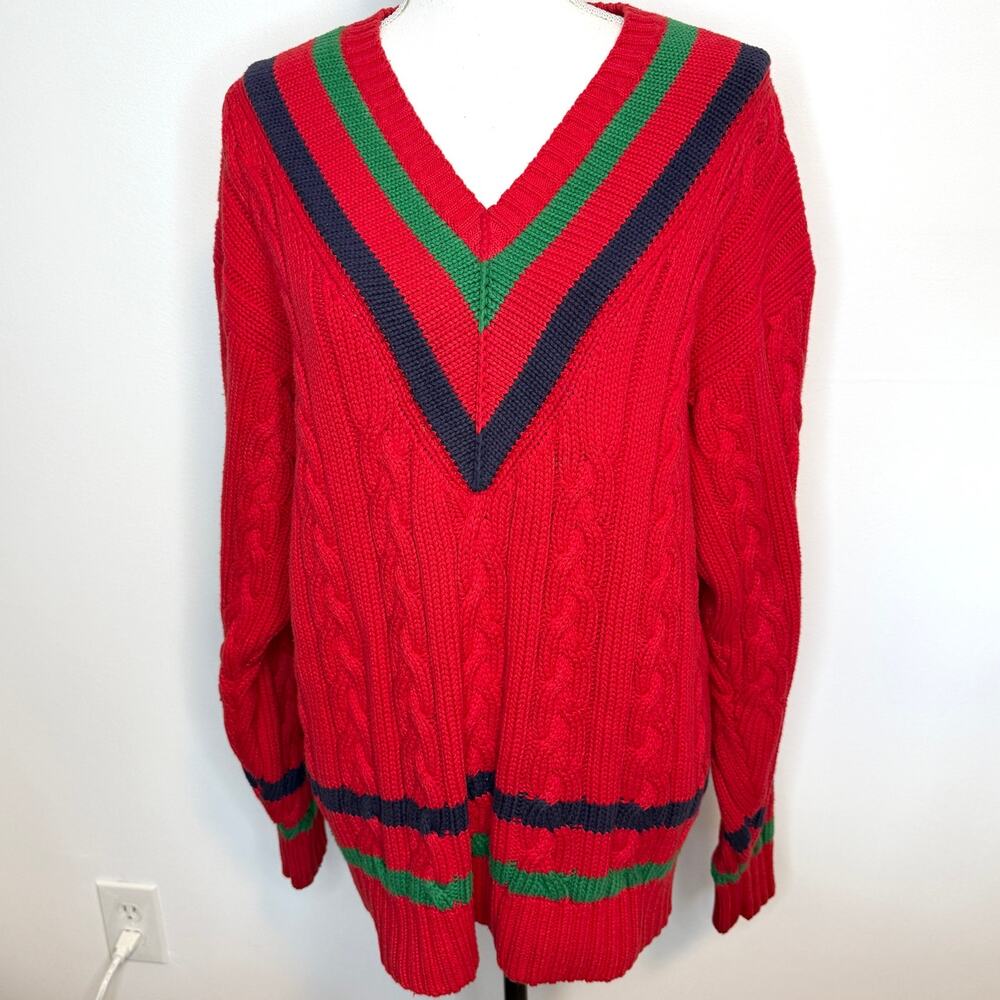 Vintage GAP 90s V Neck Cable Knit Tennis Sweater In Red Green Blue Size Large